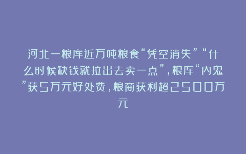 河北一粮库近万吨粮食“凭空消失”！“什么时候缺钱就拉出去卖一点”，粮库“内鬼”获5万元好处费，粮商获利超2500万元