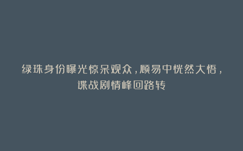 绿珠身份曝光惊呆观众,顾易中恍然大悟,谍战剧情峰回路转