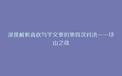 深度解析高欢与宇文泰的第四次对决——邙山之战