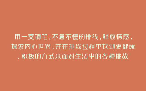 用一支钢笔,不急不慢的排线,释放情感,探索内心世界,并在排线过程中找到更健康、积极的方式来面对生活中的各种挑战!