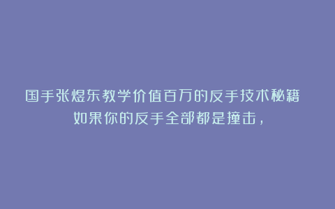 国手张煜东教学价值百万的反手技术秘籍 如果你的反手全部都是撞击，