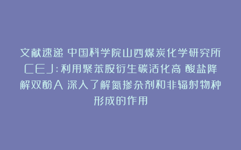 文献速递|中国科学院山西煤炭化学研究所CEJ:利用聚苯胺衍生碳活化高碘酸盐降解双酚A:深入了解氮掺杂剂和非辐射物种形成的作用