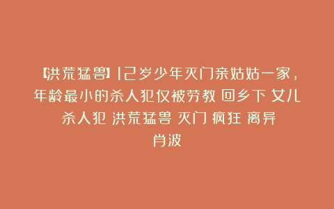 【洪荒猛兽】12岁少年灭门亲姑姑一家，年龄最小的杀人犯仅被劳教|回乡下|女儿|杀人犯|洪荒猛兽|灭门|疯狂|离异|肖波