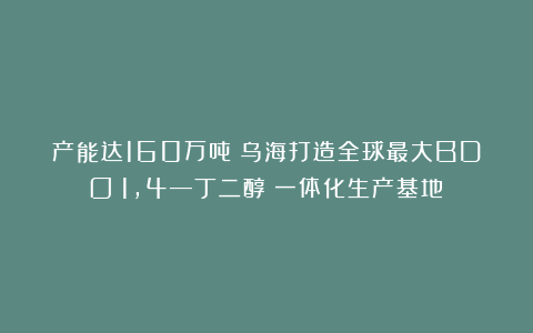 产能达160万吨！乌海打造全球最大BDO（1,4—丁二醇）一体化生产基地