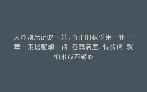 天冷别忘记吃一菜,真正的秋季第一补!一荤一素搭配焖一锅,香飘满屋、特解馋,就怕米饭不够吃