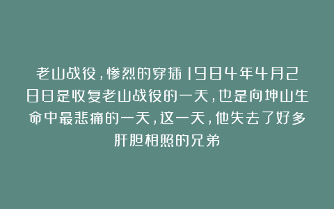 老山战役，惨烈的穿插：1984年4月28日是收复老山战役的一天，也是向坤山生命中最悲痛的一天，这一天，他失去了好多肝胆相照的兄弟