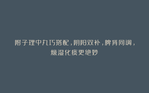 附子理中丸巧搭配,阴阳双补,脾肾同调,燥湿化痰更绝妙!
