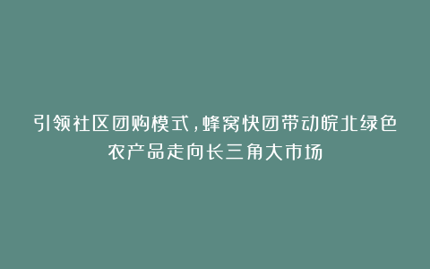 引领社区团购模式,蜂窝快团带动皖北绿色农产品走向长三角大市场