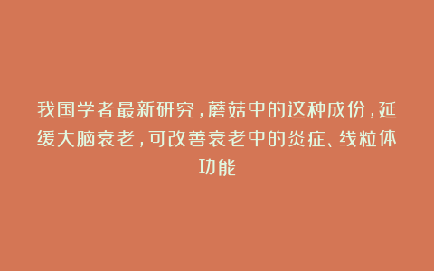 我国学者最新研究,蘑菇中的这种成份,延缓大脑衰老,可改善衰老中的炎症、线粒体功能
