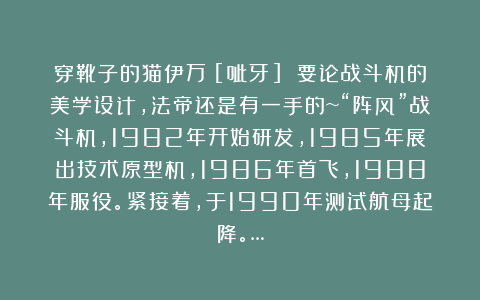 穿靴子的猫伊万：[呲牙] 要论战斗机的美学设计，法帝还是有一手的~“阵风”战斗机，1982年开始研发，1985年展出技术原型机，1986年首飞，1988年服役。紧接着，于1990年测试航母起降。…