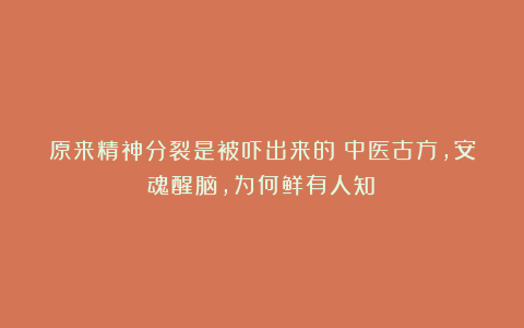 原来精神分裂是被吓出来的!中医古方,安魂醒脑,为何鲜有人知?