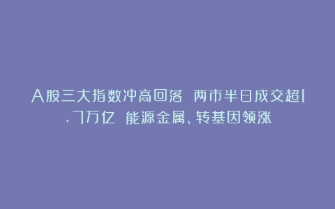 A股三大指数冲高回落 两市半日成交超1.7万亿 能源金属、转基因领涨