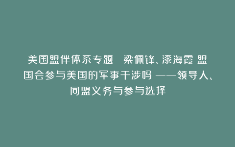 美国盟伴体系专题 ▏梁佩锋、漆海霞:盟国会参与美国的军事干涉吗?——领导人、同盟义务与参与选择