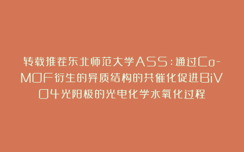 转载推荐东北师范大学ASS:通过Co-MOF衍生的异质结构的共催化促进BiVO4光阳极的光电化学水氧化过程