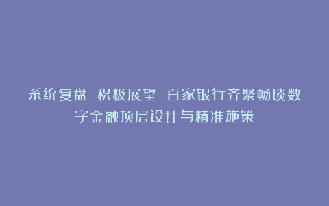 系统复盘 积极展望 百家银行齐聚畅谈数字金融顶层设计与精准施策