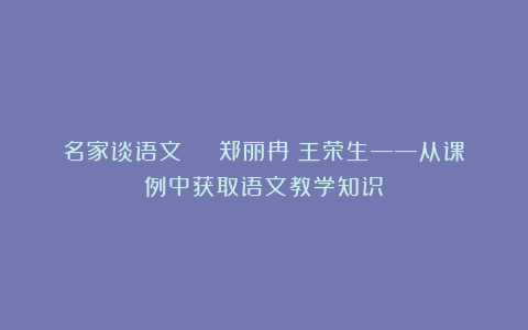 名家谈语文 | 郑丽冉:王荣生——从课例中获取语文教学知识