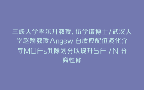 三峡大学李东升教授、伍学谦博士/武汉大学赵翔教授Angew:自适应配位演化介导MOFs孔隙划分以提升SF₆/N₂分离性能