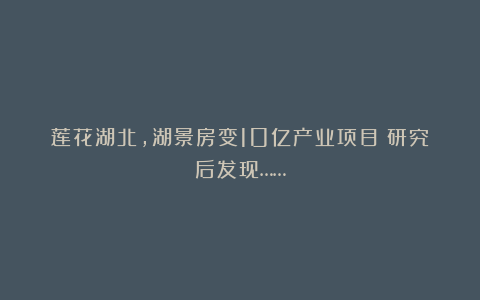 莲花湖北,湖景房变10亿产业项目?研究后发现……
