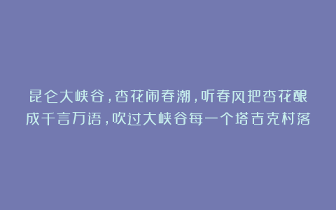 昆仑大峡谷,杏花闹春潮,听春风把杏花酿成千言万语,吹过大峡谷每一个塔吉克村落
