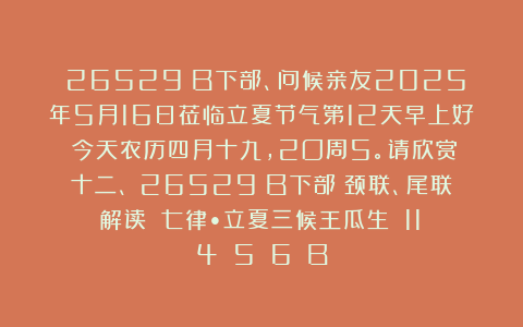 （26529）B下部、问候亲友2025年5月16日莅临立夏节气第12天早上好！今天农历四月十九，2O周5。请欣赏：十二、（26529）B下部（颈联、尾联解读）《七律•立夏三候王瓜生》（11〈4〉〈5〉〈6〉）B