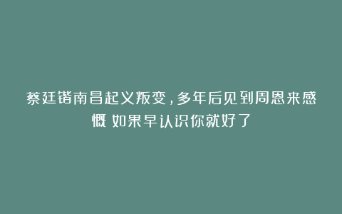 蔡廷锴南昌起义叛变，多年后见到周恩来感慨：如果早认识你就好了