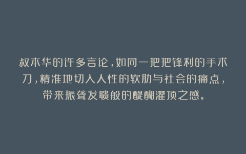 叔本华的许多言论，如同一把把锋利的手术刀，精准地切入人性的软肋与社会的痛点，带来振聋发聩般的醍醐灌顶之感。