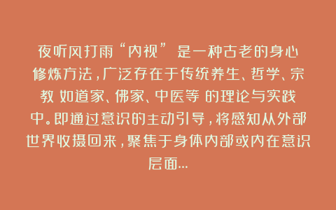 夜听风打雨：“内视” 是一种古老的身心修炼方法，广泛存在于传统养生、哲学、宗教（如道家、佛家、中医等）的理论与实践中。即通过意识的主动引导，将感知从外部世界收摄回来，聚焦于身体内部或内在意识层面…