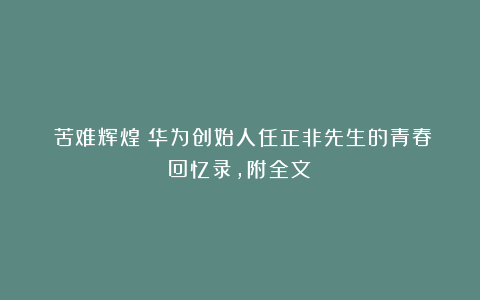 《苦难辉煌：华为创始人任正非先生的青春回忆录，附全文》