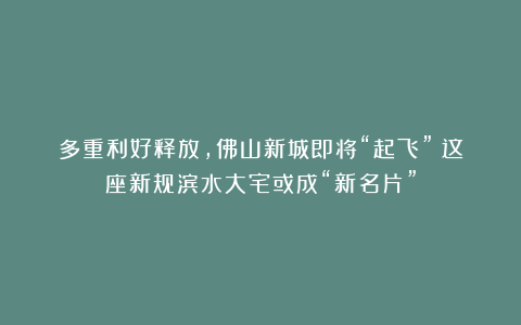 多重利好释放，佛山新城即将“起飞”？这座新规滨水大宅或成“新名片”