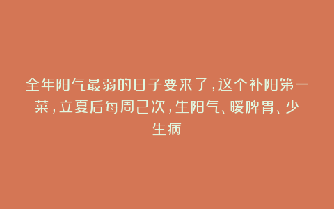 全年阳气最弱的日子要来了，这个补阳第一菜，立夏后每周2次，生阳气、暖脾胃、少生病！