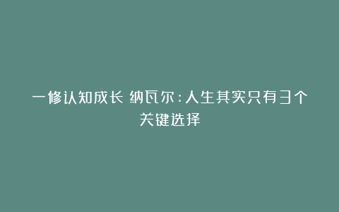 一修认知成长：纳瓦尔:人生其实只有3个关键选择