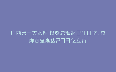 广西第一大水库：投资总额超240亿，总库容量高达273亿立方！