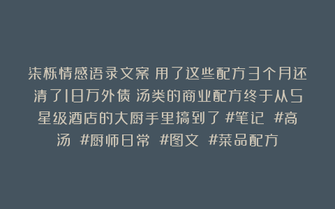 柒栎情感语录文案：用了这些配方3个月还清了18万外债！汤类的商业配方终于从5星级酒店的大厨手里搞到了！#笔记 #高汤 #厨师日常 #图文 #菜品配方