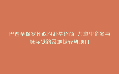 巴西圣保罗州政府赴华招商，力邀中企参与城际铁路及地铁轻轨项目