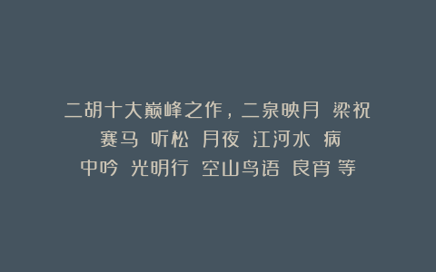 二胡十大巅峰之作，《二泉映月》《梁祝》《赛马》《听松》《月夜》《江河水》《病中吟》《光明行》《空山鸟语》《良宵》等