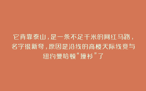 它背靠泰山，是一条不足千米的网红马路，名字很新奇，原因是沿线的高楼天际线竟与纽约曼哈顿“撞衫”了