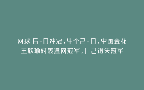 网球|6-0冲冠，4个2-0，中国金花王欣瑜对轰温网冠军，1-2错失冠军