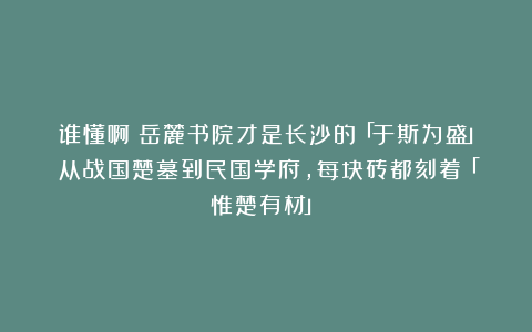 谁懂啊！岳麓书院才是长沙的「于斯为盛」：从战国楚墓到民国学府，每块砖都刻着「惟楚有材」！