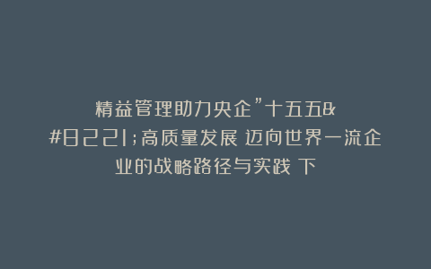 精益管理助力央企”十五五”高质量发展：迈向世界一流企业的战略路径与实践（下）