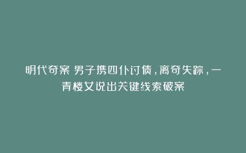 明代奇案：男子携四仆讨债，离奇失踪，一青楼女说出关键线索破案