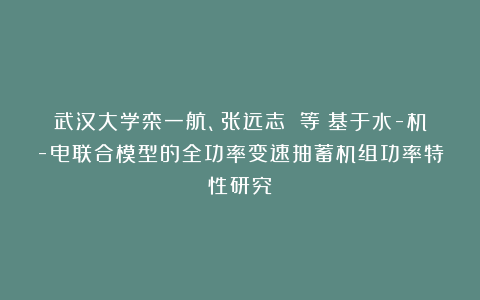 武汉大学栾一航、张远志 等：基于水-机-电联合模型的全功率变速抽蓄机组功率特性研究