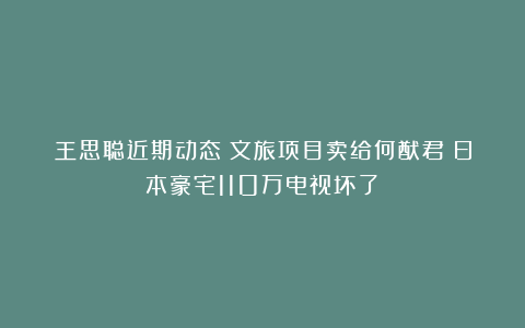 王思聪近期动态：文旅项目卖给何猷君！日本豪宅110万电视坏了！