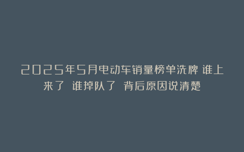 2025年5月电动车销量榜单洗牌:谁上来了 谁掉队了 背后原因说清楚