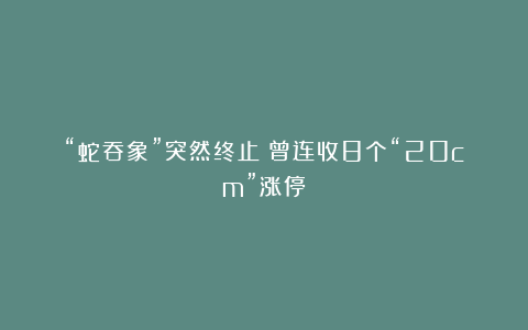 “蛇吞象”突然终止！曾连收8个“20cm”涨停