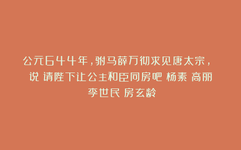 公元644年，驸马薛万彻求见唐太宗, 说：请陛下让公主和臣同房吧|杨素|高丽|李世民|房玄龄