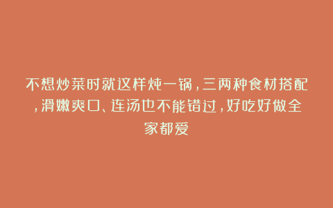 不想炒菜时就这样炖一锅，三两种食材搭配，滑嫩爽口、连汤也不能错过，好吃好做全家都爱