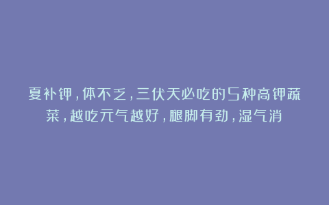 夏补钾，体不乏，三伏天必吃的5种高钾蔬菜，越吃元气越好，腿脚有劲，湿气消！