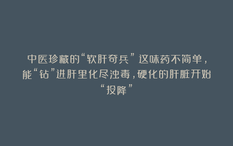 中医珍藏的“软肝奇兵”！这味药不简单，能“钻”进肝里化尽浊毒，硬化的肝脏开始“投降”！