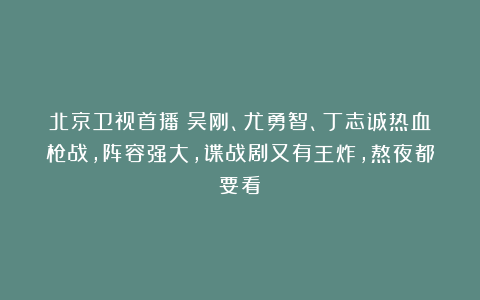 北京卫视首播！吴刚、尤勇智、丁志诚热血枪战，阵容强大，谍战剧又有王炸，熬夜都要看！