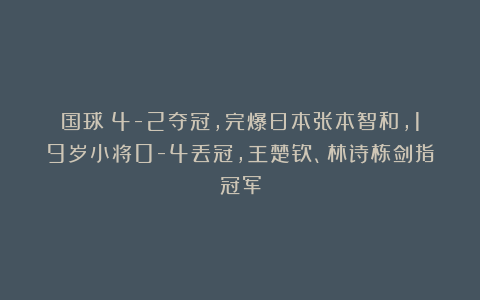 国球|4-2夺冠，完爆日本张本智和，19岁小将0-4丢冠，王楚钦、林诗栋剑指冠军